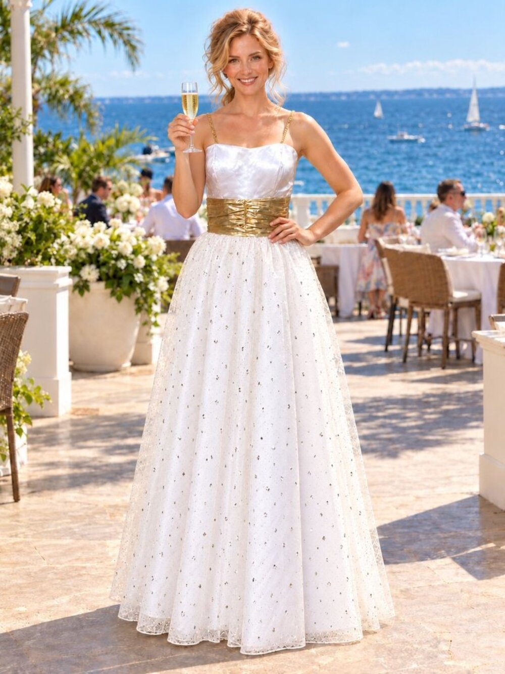 Gold White Spaghetti Strap Formal Gown Long Fit Sparkle Overlay Waist Detail